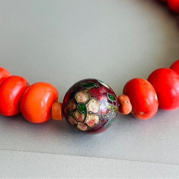Vintage Natural Round Carved Coral & Cloisonné Bead Antique Chinese Neck… - Picture 7 of 8